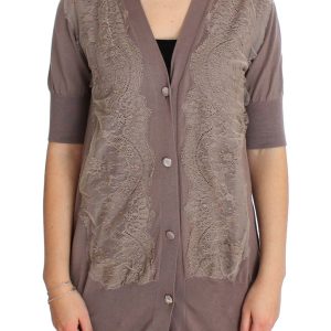 Elegant Purple Cotton Lace Cardigan Sweater