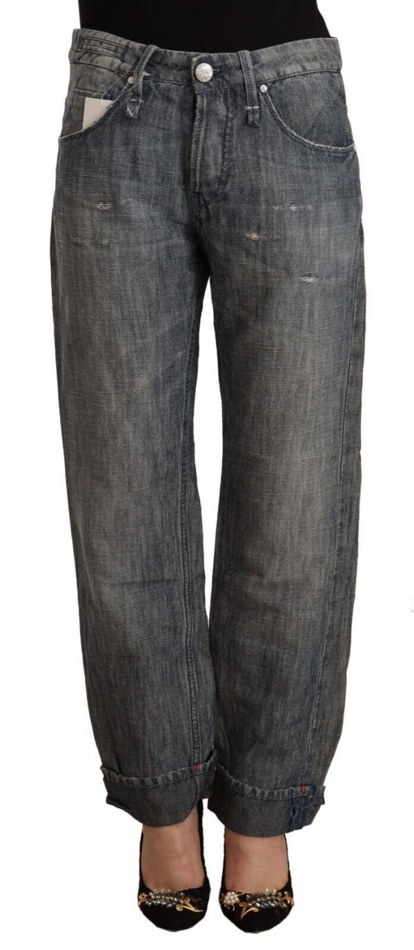 Chic Gray Straight Cut Ramie-Cotton Jeans