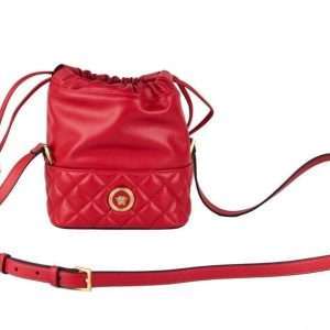 Red Quilted Leather Drawstring Shoulder Bag Bucket Crossbody Handbag