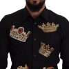 Elegant Black Slim Fit Dress Shirt with Crown Embroidery - Image 3