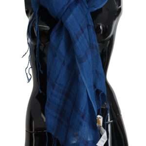 Chic Linen Fringed Scarf in Blue Checkered