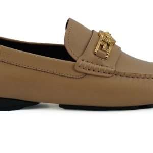 Exquisite Medusa Gold-Tone Leather Loafers