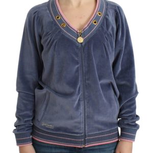 Elegant Blue Zip Cardigan with Gold Details