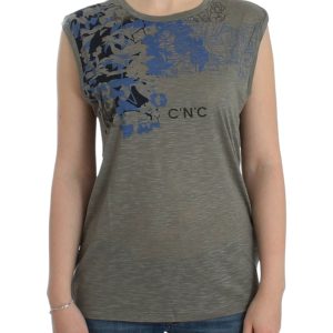 Chic Sleeveless Gray Top with Blue Detailing