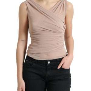 Elegant Beige V-Neck Sleeveless Sheer Tank Top