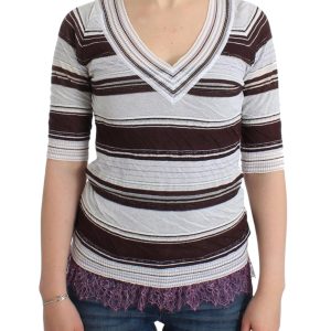 Striped V-Neck Knit Top with Lace Hem