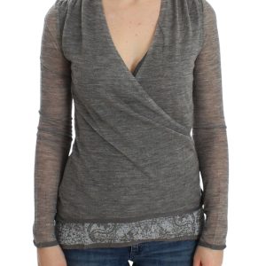 Elegant Gray Wool Blend Deep V-neck Sweater