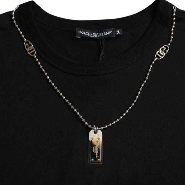 Elegant Black Cotton Crewneck Tee with Dog Tag Detail - Image 3