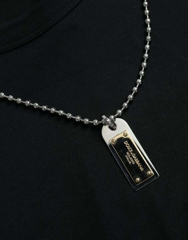 Elegant Black Cotton Crewneck Tee with Dog Tag Detail - Image 4