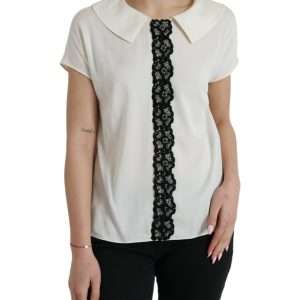 Elegant Off-White Lace-Trim Silk Blouse