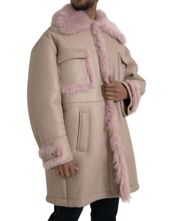 Beige Pink Lamb Leather Shearling Coat Jacket - Image 2