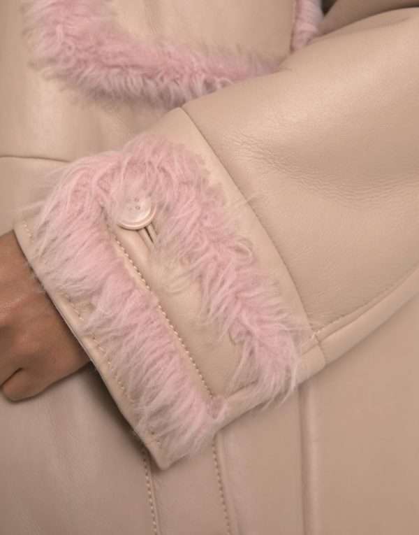 Beige Pink Lamb Leather Shearling Coat Jacket - Image 5