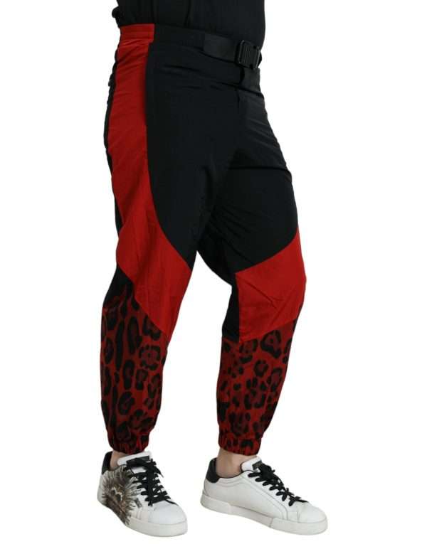 Black Red Leopard Print Nylon Jogger Pants - Image 3