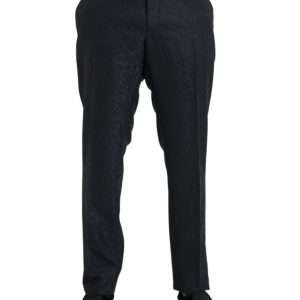 Blue Brocade Wool Skinny Men Dress Pants