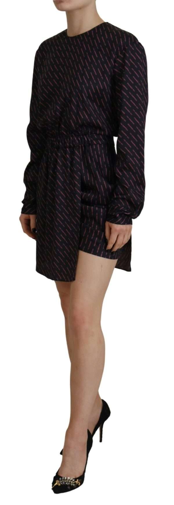 Black Logo Print Long Sleeves A-line Mini Dress - Image 3