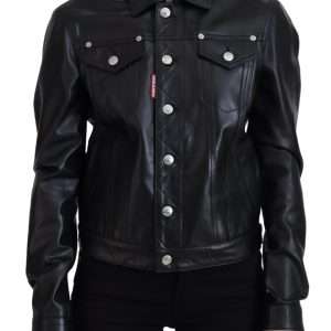 Black Leather Collared Long Sleeves Jacket
