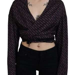 Black Polyester Cropped Logo Printed Blouse Top