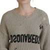 Beige Cotton Knitted Crewneck Pullover Sweater - Image 5