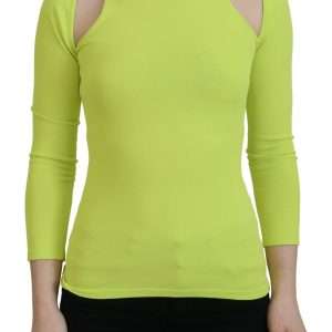 Yellow Green Viscose Open Shoulder Long Sleeves Top