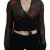 Black Floral Print Cropped Wrap Long Sleeves Top - Image 2