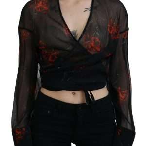 Black Floral Print Cropped Wrap Long Sleeves Top