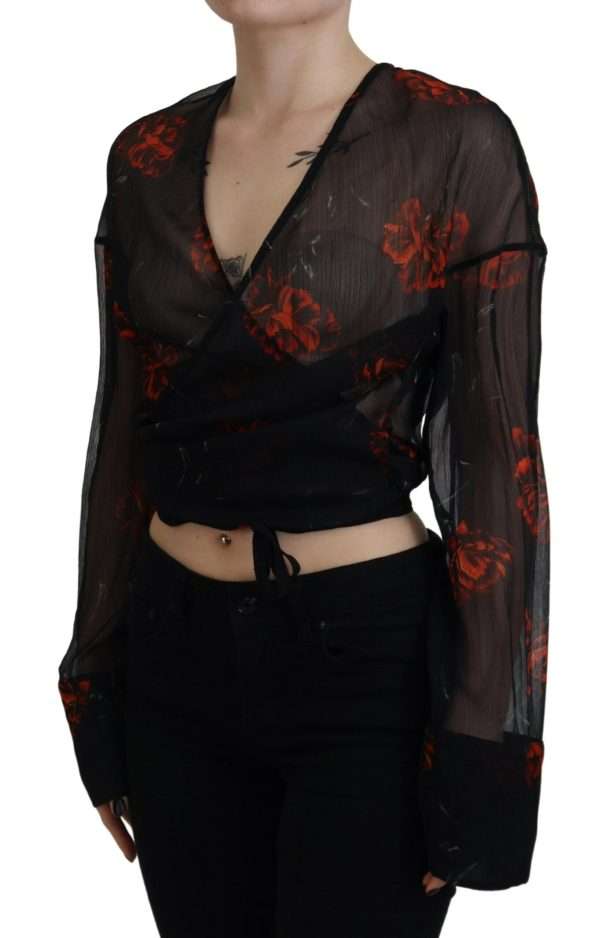 Black Floral Print Cropped Wrap Long Sleeves Top - Image 3