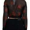 Black Floral Print Cropped Wrap Long Sleeves Top - Image 4