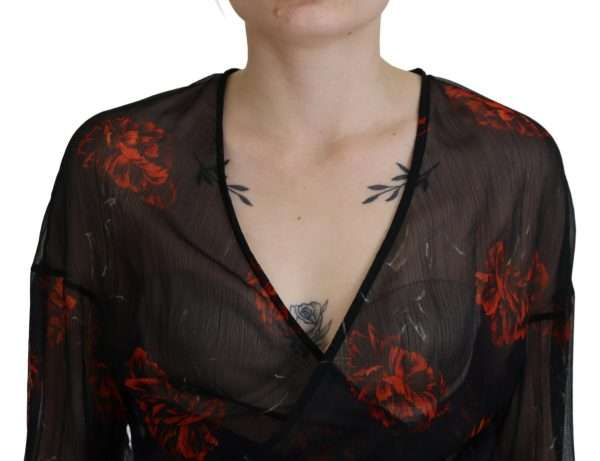 Black Floral Print Cropped Wrap Long Sleeves Top - Image 5