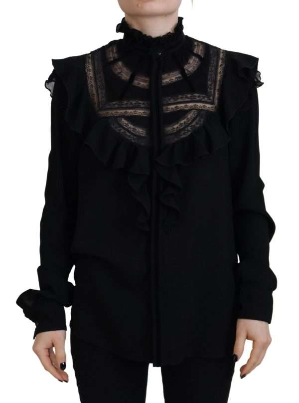 Black Lace Trim Turtle Neck Long Sleeves Top - Image 2