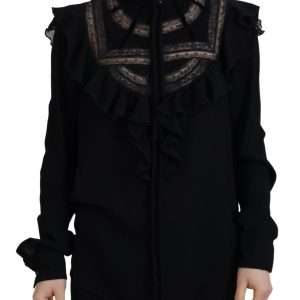 Black Lace Trim Turtle Neck Long Sleeves Top
