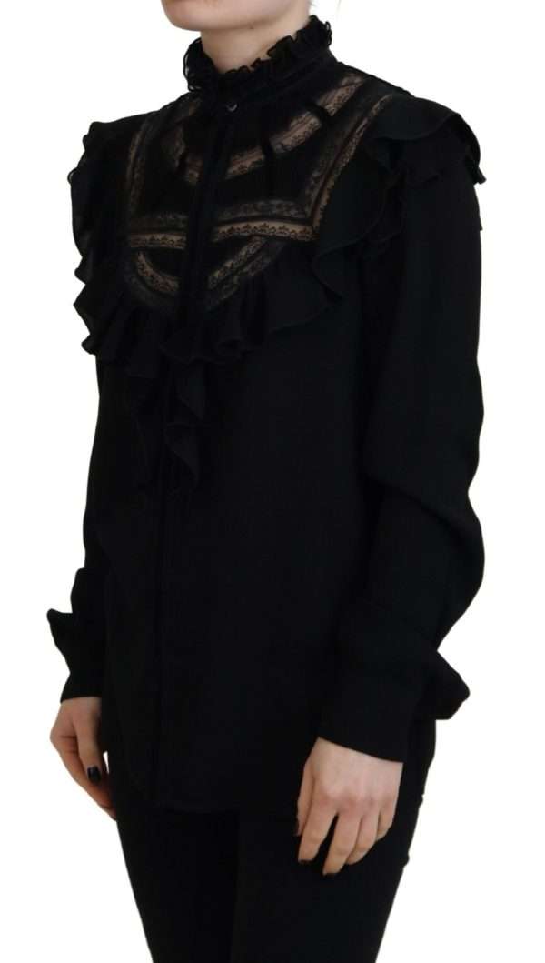 Black Lace Trim Turtle Neck Long Sleeves Top - Image 3