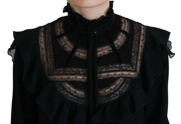 Black Lace Trim Turtle Neck Long Sleeves Top - Image 5