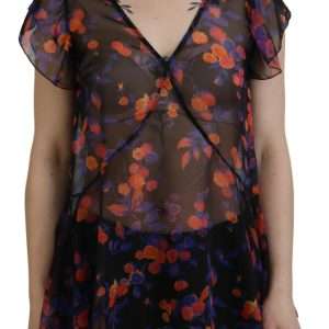 Black Floral Print Short Sleeves V-neck Blouse Top