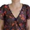 Black Floral Print Short Sleeves V-neck Blouse Top - Image 5
