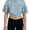 Blue Collared Button Down Short Sleeve Cropped Top - Image 2