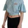 Blue Collared Button Down Short Sleeve Cropped Top - Image 3