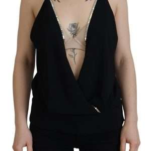 Black Embellished Deep V-neck Sleeveless Tank Top