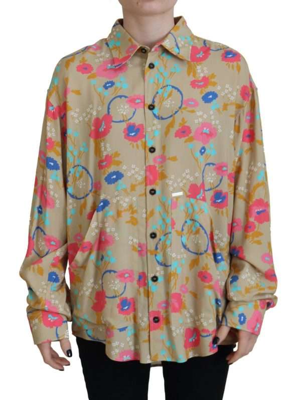 Beige Floral Collared Button Down Long Sleeves Shirt - Image 2