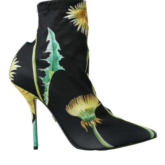 Black Floral Jersey Stretch Ankle Boots Shoes