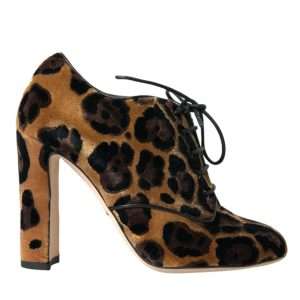 Brown Leopard Hair Lace Up Booties Shoes