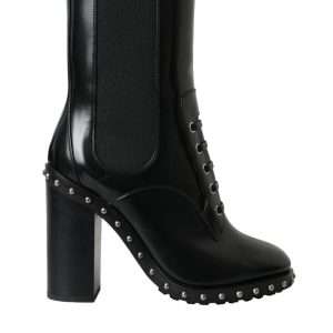 Black Leather Studded Lace Up Boots Shoes