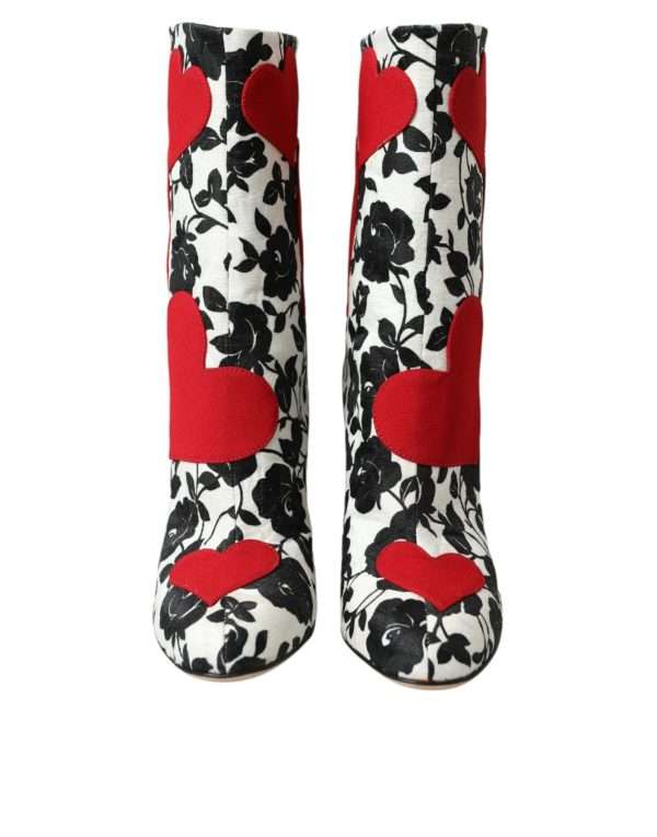 White Floral Hearts Leather High Boots Shoes - Image 2