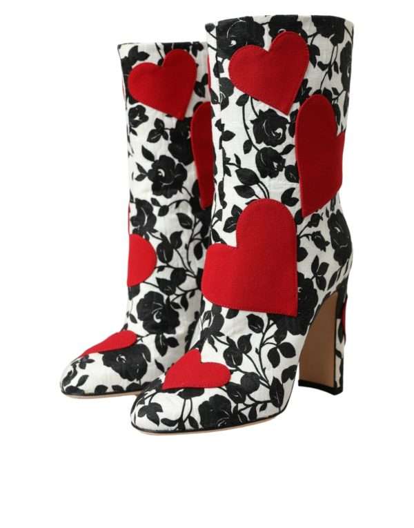 White Floral Hearts Leather High Boots Shoes - Image 3