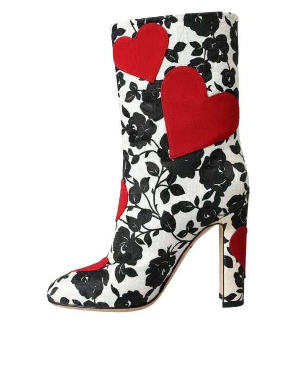 White Floral Hearts Leather High Boots Shoes - Image 5