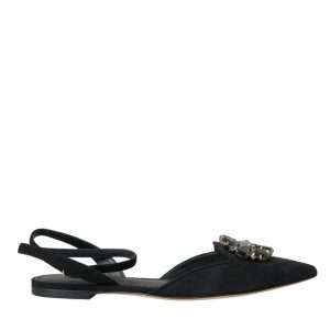 Black Leather Crystal Slingback Sandals Shoes