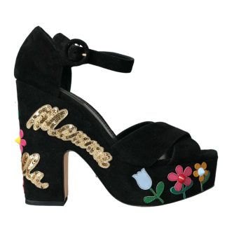 Black Floral Ankle Strap Heels Sandals Shoes