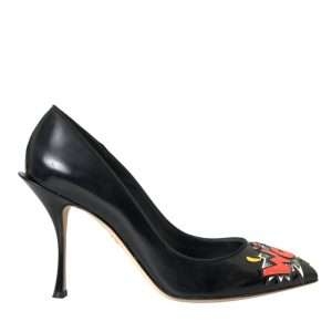 Black Leather WOW Patch Heels Pumps Shoes