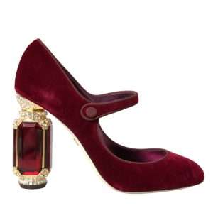 Red Velvet Gold Crystals Heels Mary Jane Shoes