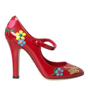 Red Leather Embellished Mary Jane Pumps Heels Shoes