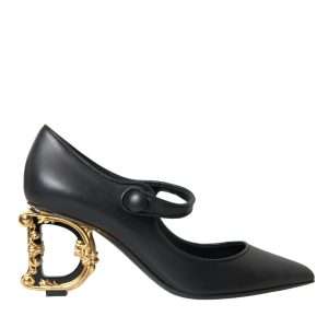Black Leather Logo Heels Mary Janes Pumps Shoes